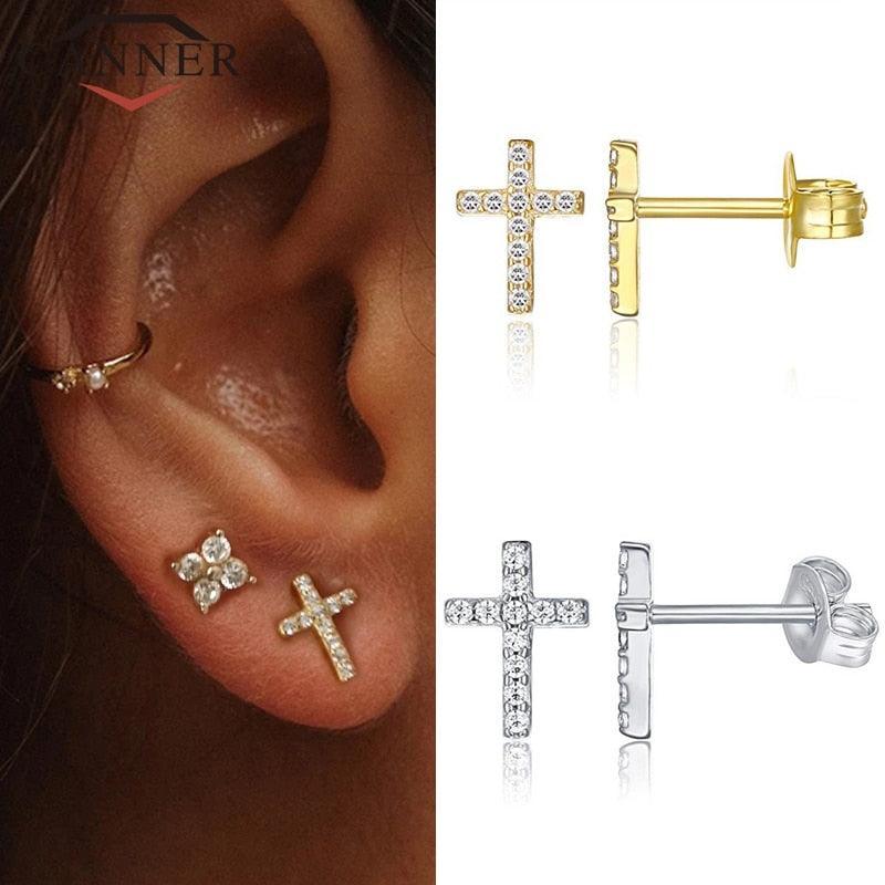 Minimalist Sterling Silver CZ Zircon Crystals Stud Earrings - Geometric Cross Gold Silver Colour Fashion Jewellery - The Jewellery Supermarket