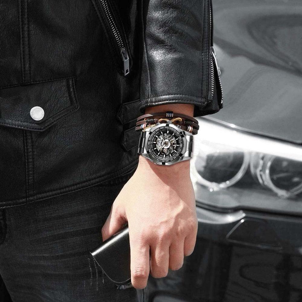 NEW - Luxury Mens Stainless Steel Skeleton Mechanical Waterproof Watch - The Jewellery Supermarket