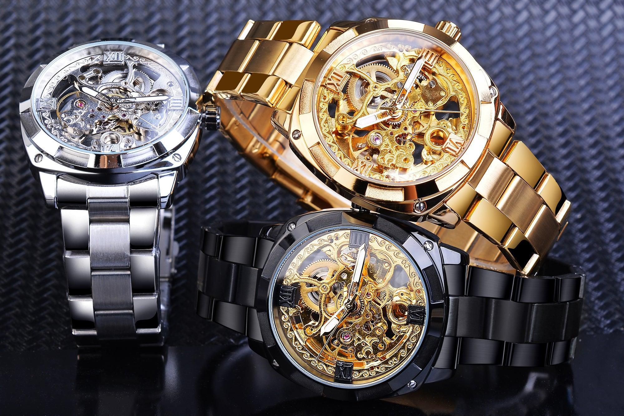 NEW - Luxury Men Golden Luminous Hands Skeleton Transparent Retro Watch - The Jewellery Supermarket