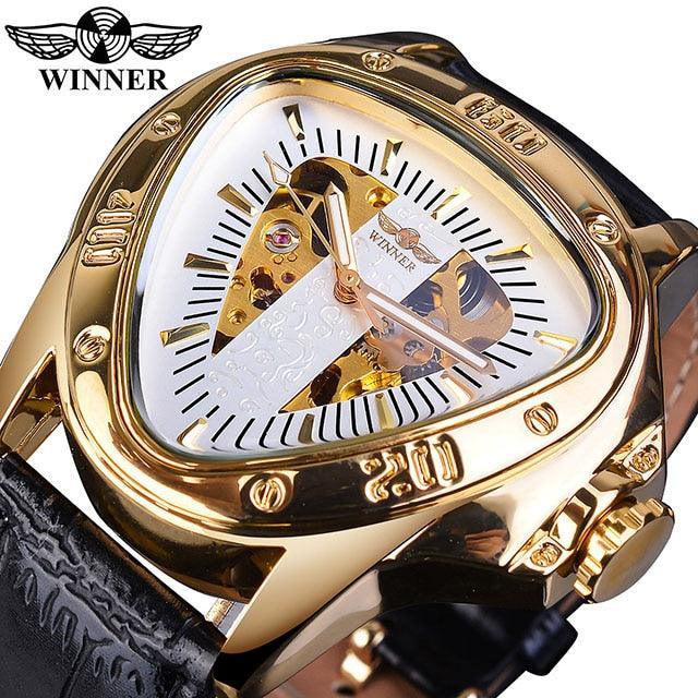 NEW - Luxury Men Golden SteampunkTriangle Skeleton Movement Mechanical Wrist Watch - The Jewellery Supermarket