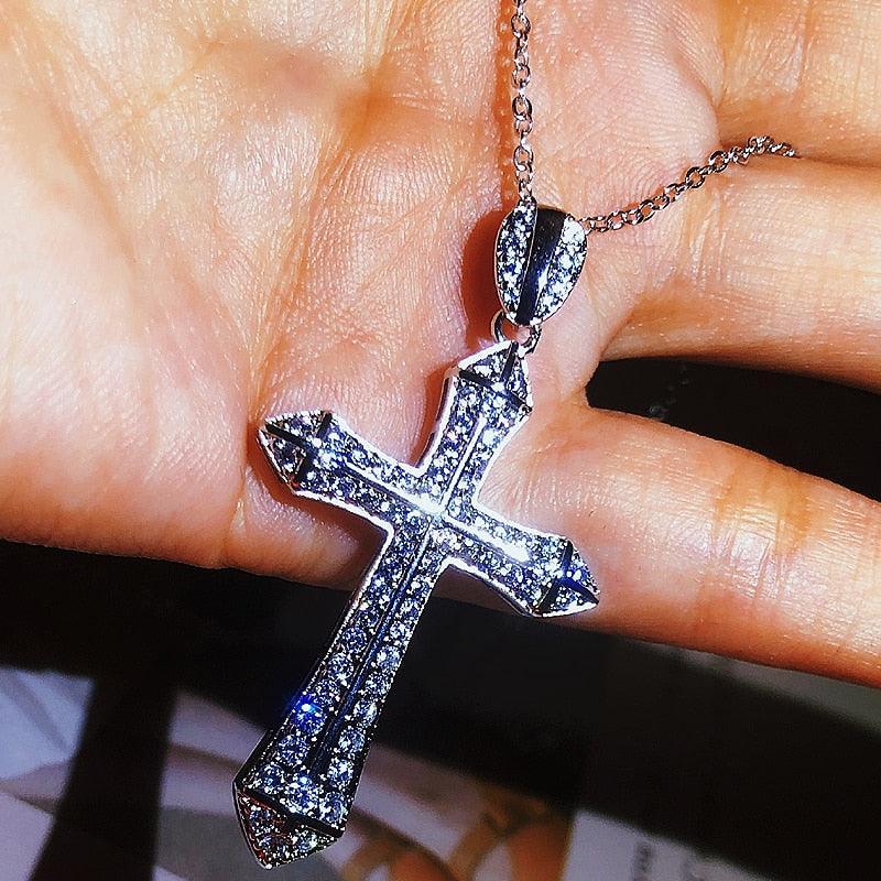 Fashion Vintage Handmade Big Cross AAA+ Cubic Zirconia Diamonds Sterling silver Pendant Necklace - The Jewellery Supermarket