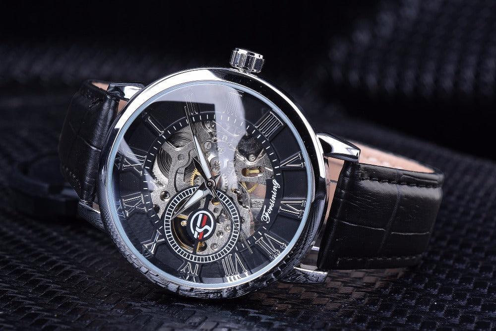 Luxury Men Gold Hollow Engraving Black Leather Skeleton Mechanical Watches - The Jewellery Supermarket