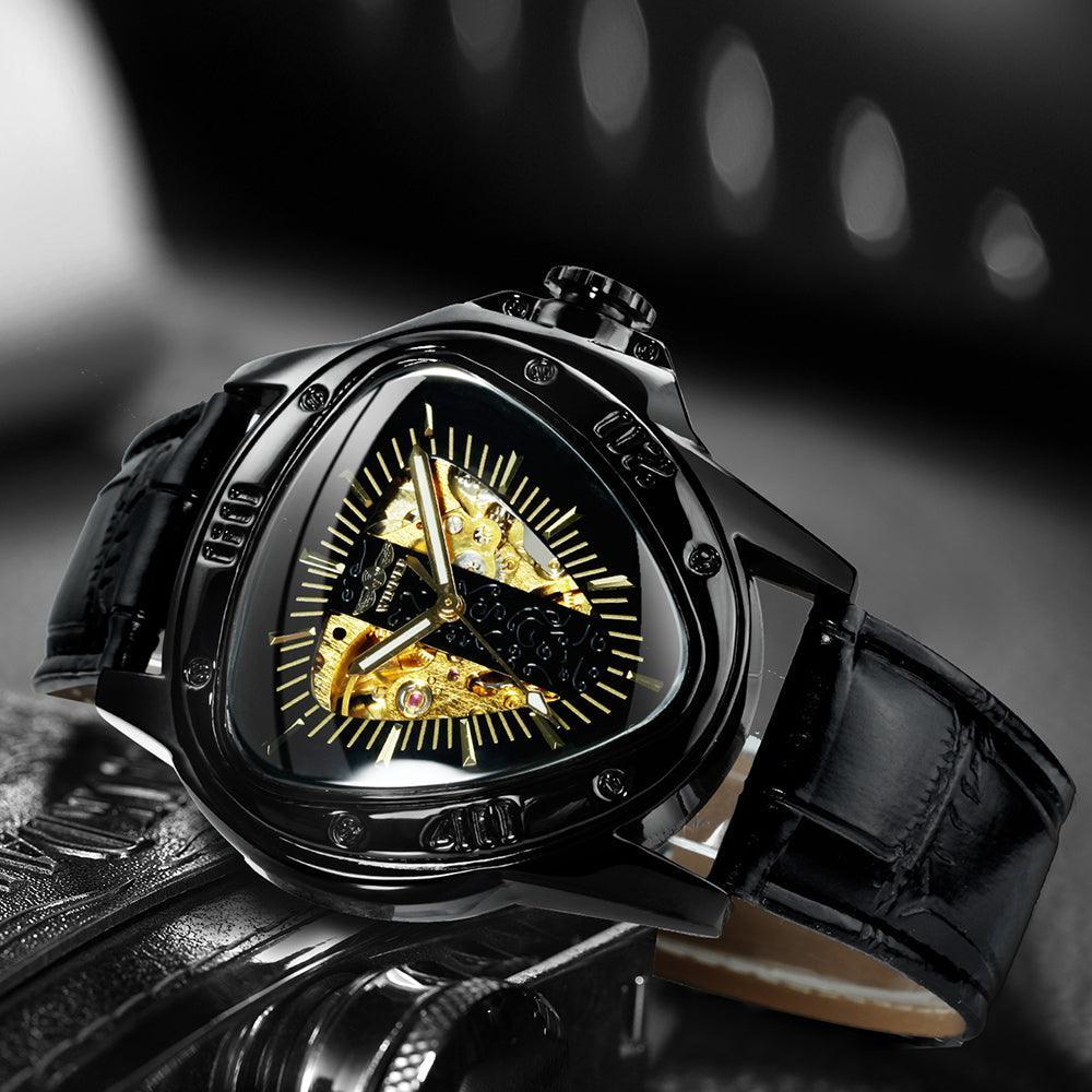 NEW - Men Golden Triangle Skeleton Mechanical Automatic Sport Watch - The Jewellery Supermarket