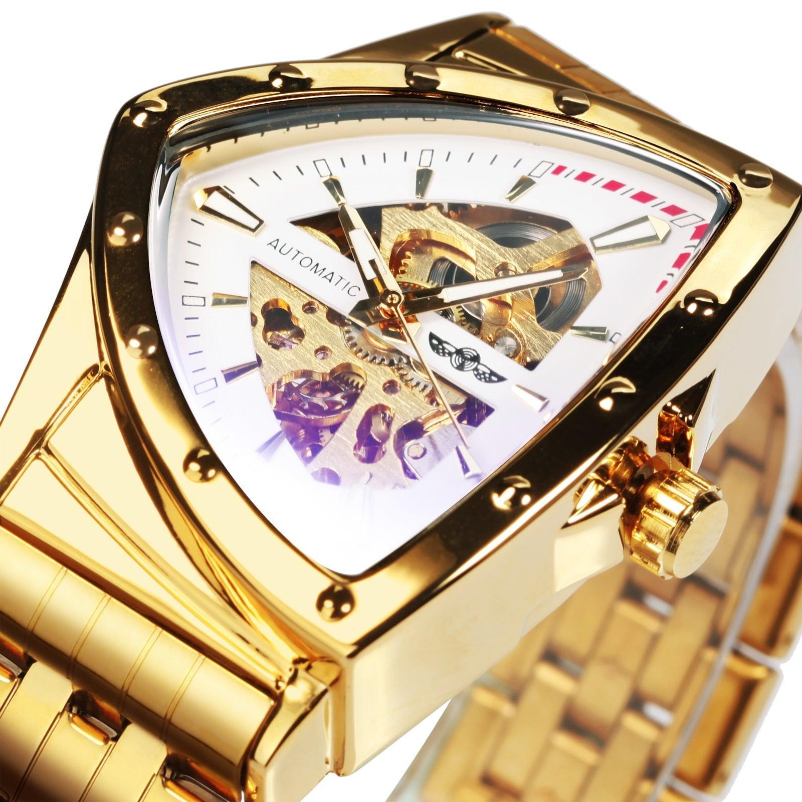 NEW - Luxury Men Gold Black Triangle Skeleton Automatic Mechanical Wristwatch Irregular Watch - The Jewellery Supermarket