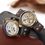 NEW - Mens Gold Mechanical Skeleton Steampunk Genuine Leather Watch - The Jewellery Supermarket