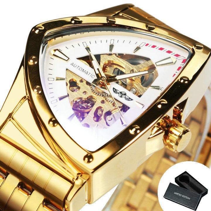NEW - Luxury Men Gold Black Triangle Skeleton Automatic Mechanical Wristwatch Irregular Watch - The Jewellery Supermarket