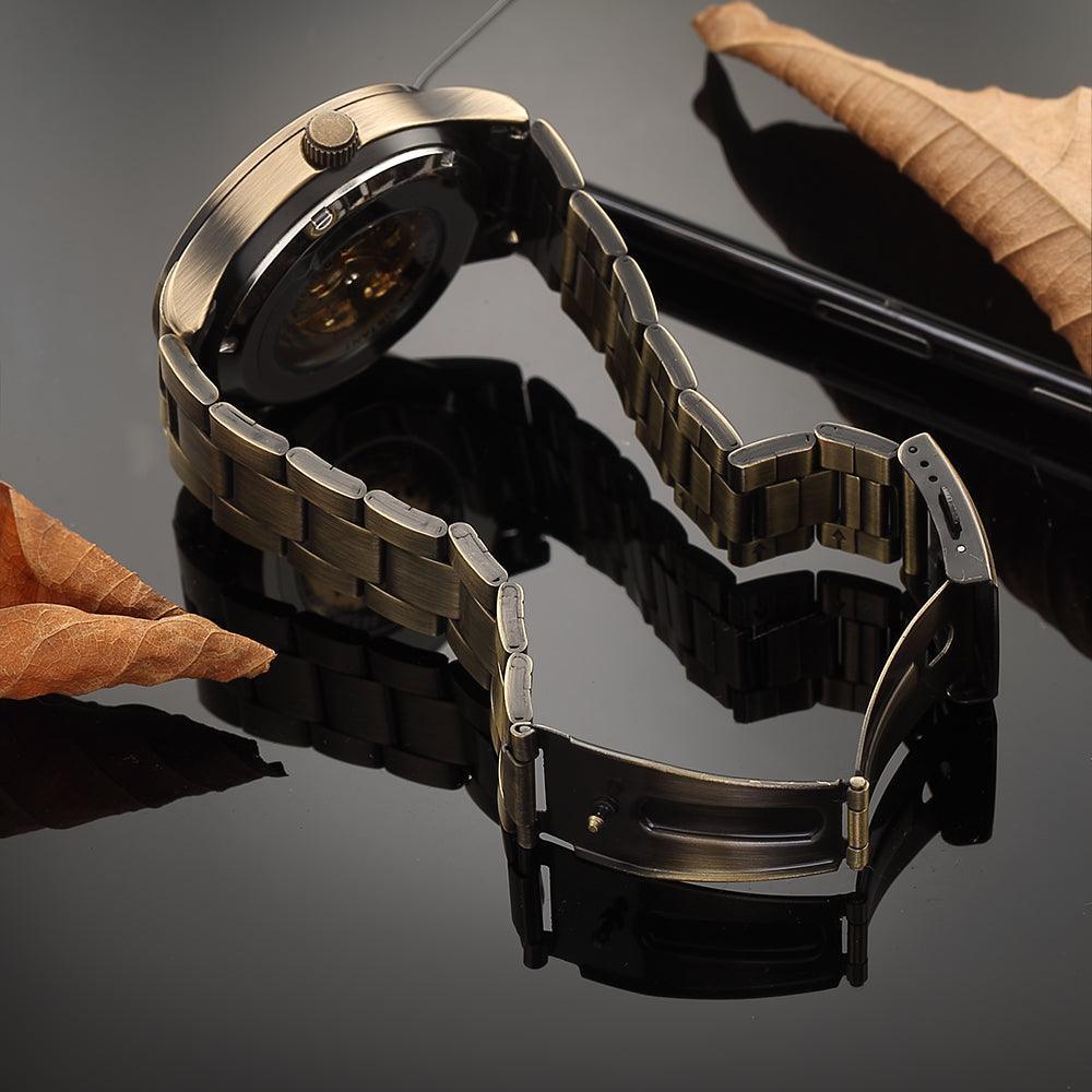 NEW - Mens Gold Mechanical Skeleton Steampunk Genuine Leather Watch - The Jewellery Supermarket