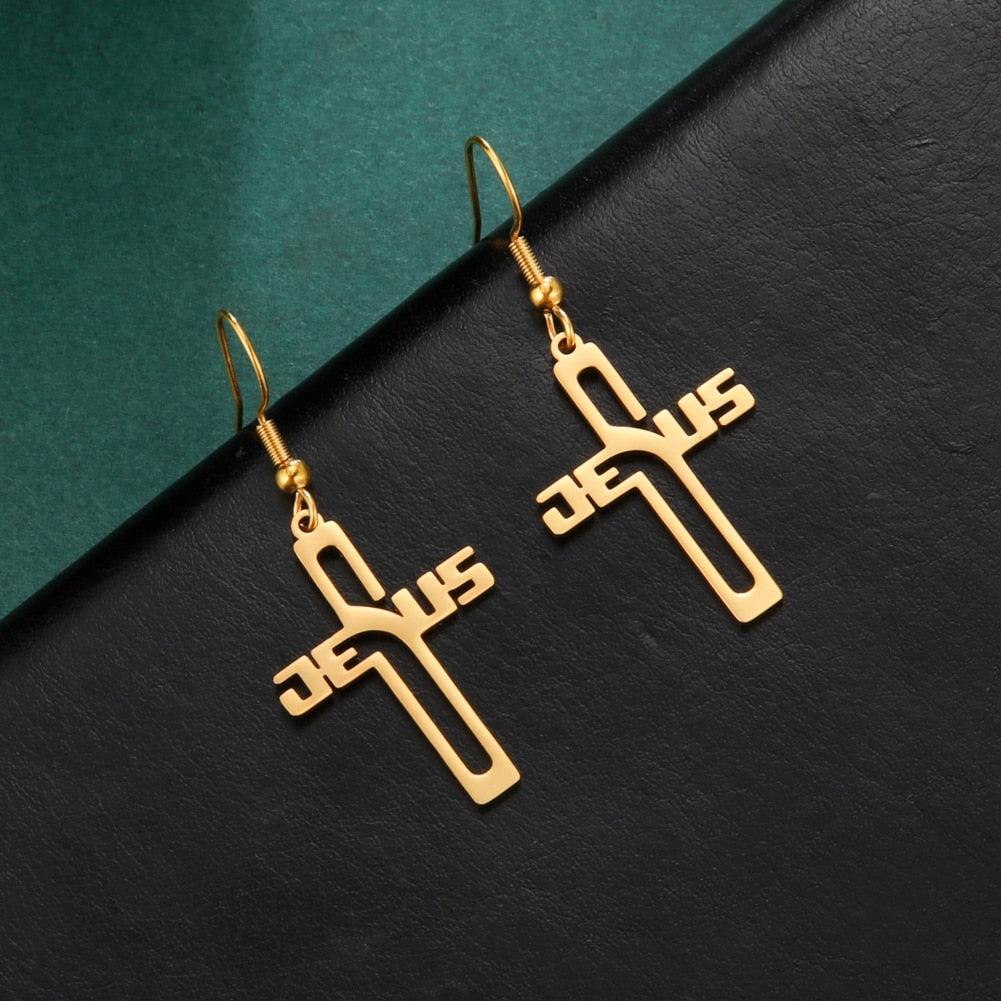 Stainless Steel Christian Jesus Cross Dangle Drop Earrings for Women - Religious Jewellery - The Jewellery Supermarket
