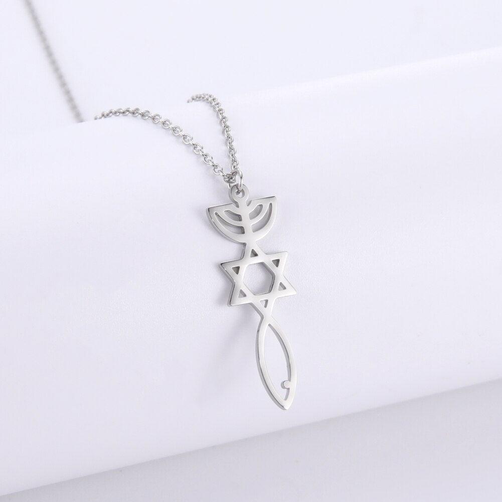 NEW Messianic Pendant Menorah David’s Star with Fish Symbol Carved Jewelry Holy Land - The Jewellery Supermarket