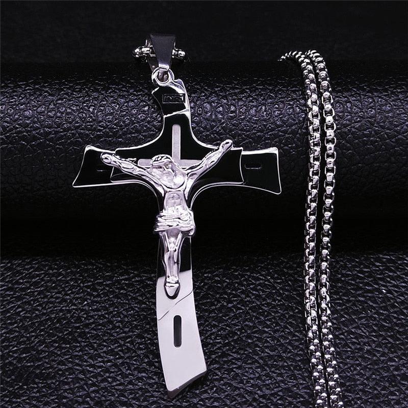 Gold Silver Color Stainless Steel Multilayer Big Long Cross Jesus Pendant Necklace for Women/Men Jewellery  - The Jewellery Supermarket