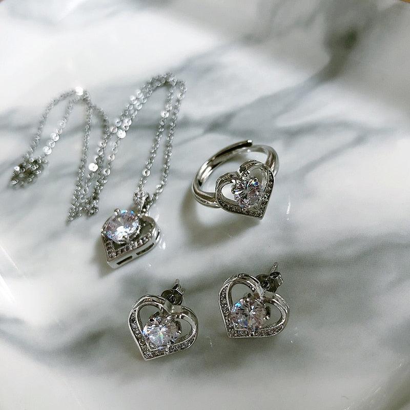 NEW Promise Ring Stud Earring Necklace Sterling Silver - 18KGP AAA Zircon Crystal Fashion Jewellery Set - The Jewellery Supermarket