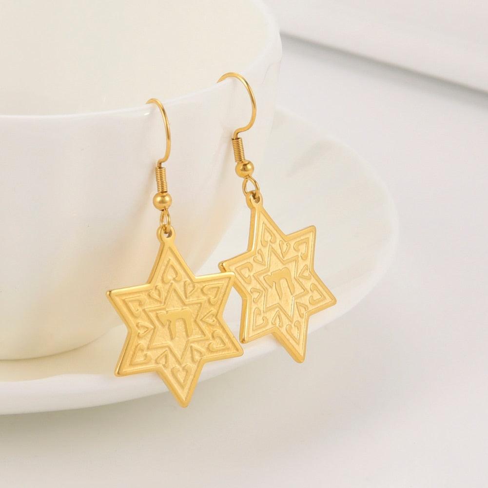 NEW Hebrew Letter Chai Coin Drop Star of David Chai Charming Jewish Earrings for Women - The Jewellery Supermarket