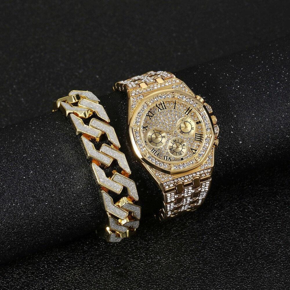 NEW Luxury Top Brand  2pcs Gold Colour Cuban Chain Male Bling Iced Out Wristwatch Bracelet for Men - The Jewellery Supermarket