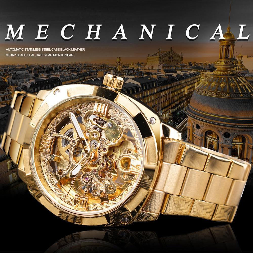 NEW - Luxury Men Golden Luminous Hands Skeleton Transparent Retro Watch - The Jewellery Supermarket