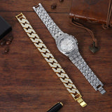 NEW Luxury Top Brand  2pcs Gold Colour Cuban Chain Male Bling Iced Out Wristwatch Bracelet for Men - The Jewellery Supermarket