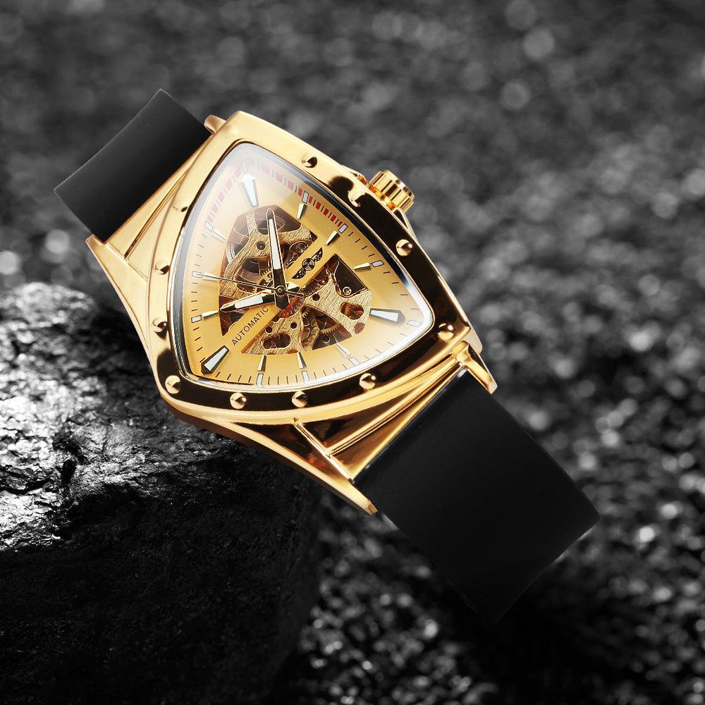 NEW - Luxury Men Gold Black Triangle Skeleton Automatic Mechanical Wristwatch Irregular Watch - The Jewellery Supermarket