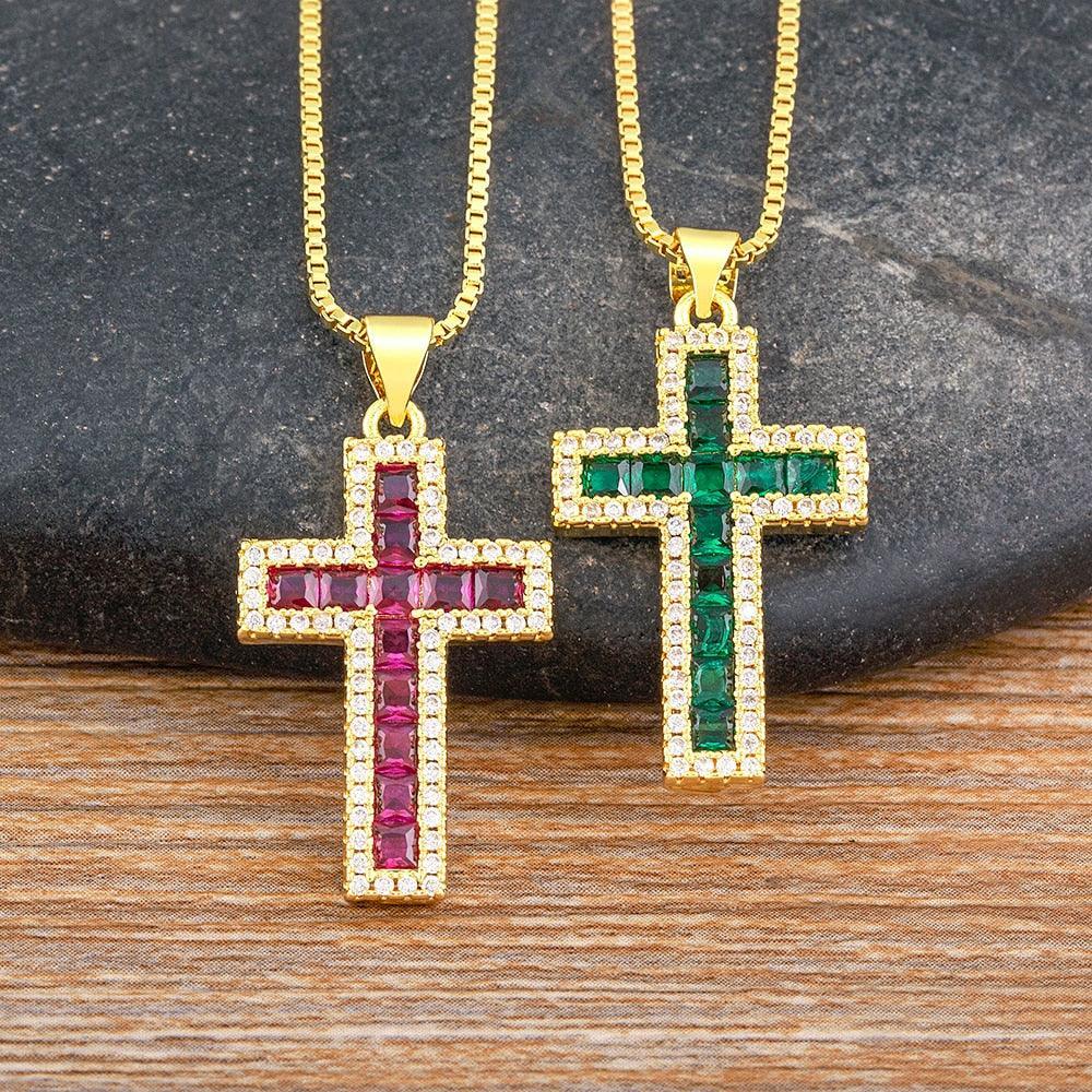 Fashion Long Chain Exquisite Multicolors Cross Pendant AAA Zircon Crystals Necklaces - Religious Jewellery - The Jewellery Supermarket