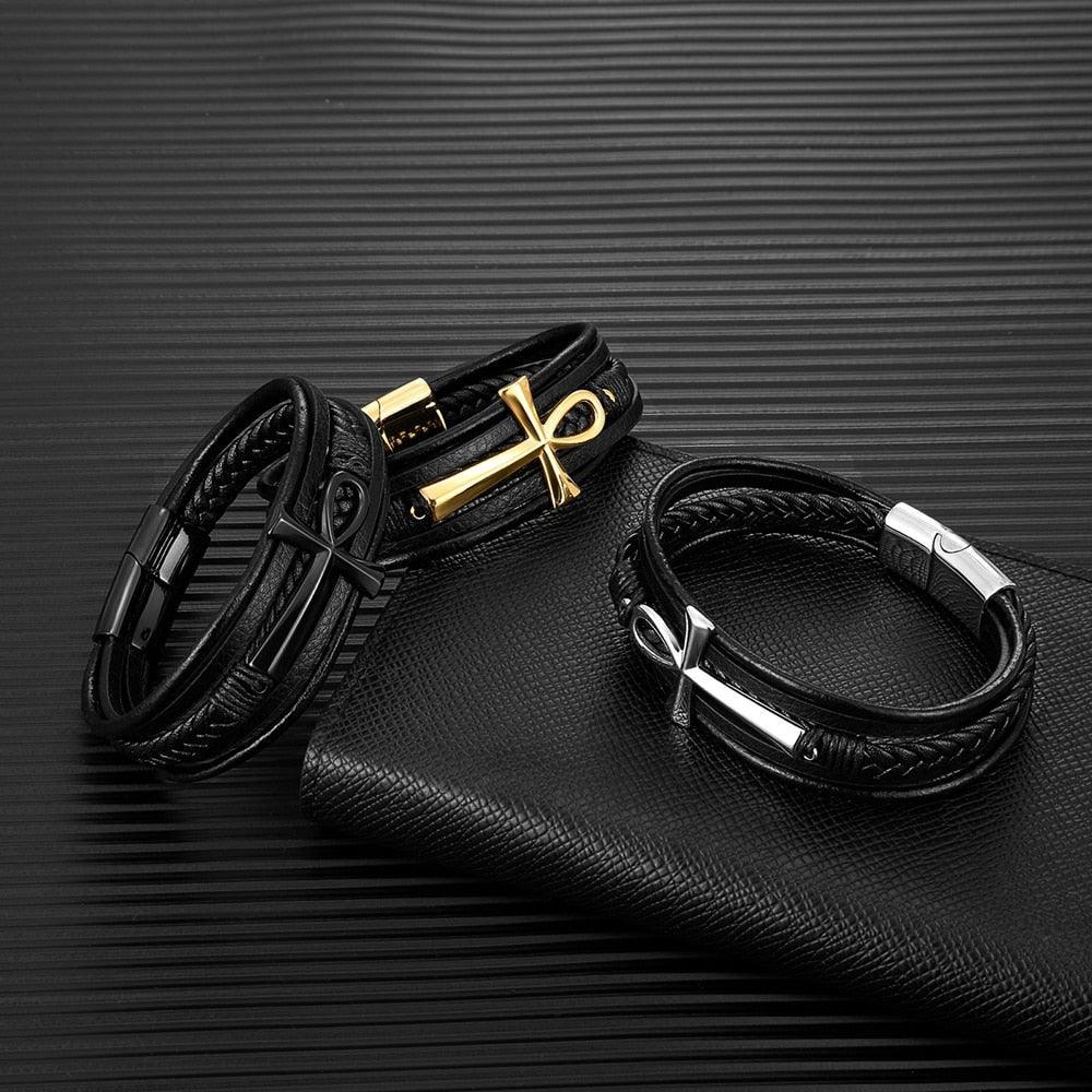 Classic Cross Egyptian Ankh Life Symbol Antique Multilayer 316L Magnetic Clasp Wrap Leather Bracelet - Religious Bangle - The Jewellery Supermarket