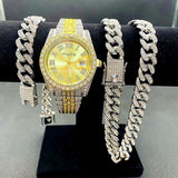 Full Iced Out Cuban Link Chain Bracelet Necklace Bling Jewellery for Men - Big Gold Colur Chains Hip Hop Watch Set - The Jewellery Supermarket