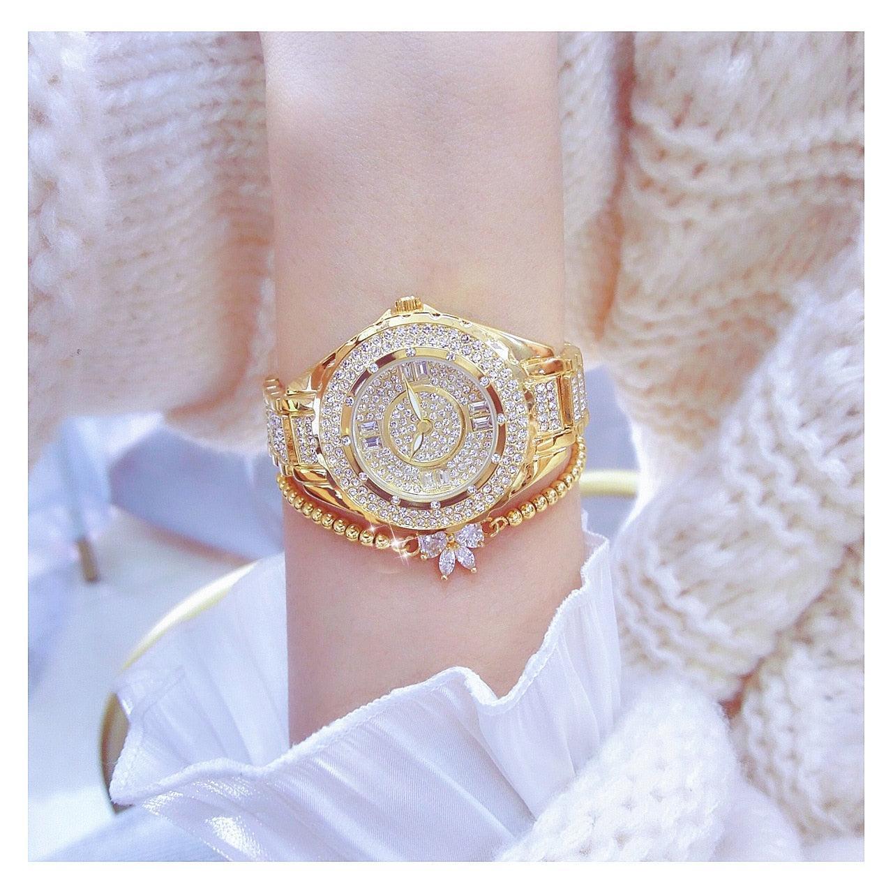 Fashion Bling Simulated Diamonds Gold Rose Gold Silver Original Elegant Ladies Watch With Bracelet Set - Ideal Gift - The Jewellery Supermarket