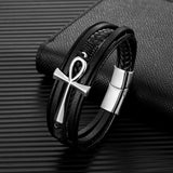 Classic Cross Egyptian Ankh Life Symbol Antique Multilayer 316L Magnetic Clasp Wrap Leather Bracelet - Religious Bangle - The Jewellery Supermarket
