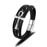 Classic Cross Egyptian Ankh Life Symbol Antique Multilayer 316L Magnetic Clasp Wrap Leather Bracelet - Religious Bangle - The Jewellery Supermarket