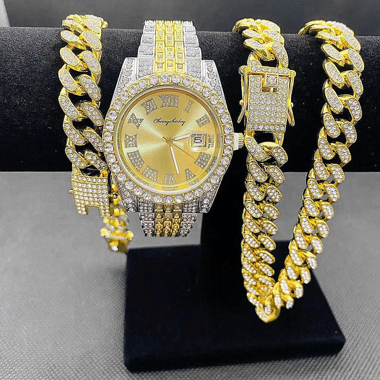 Full Iced Out Cuban Link Chain Bracelet Necklace Bling Jewellery for Men - Big Gold Colur Chains Hip Hop Watch Set - The Jewellery Supermarket