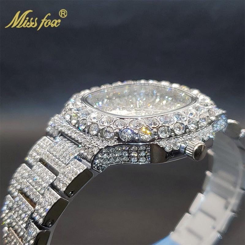 Outstanding Simulated Diamonds Iced Out Hip Hop Stylish Quartz Double Dial Heavy Gold Colour Watch For Men - The Jewellery Supermarket