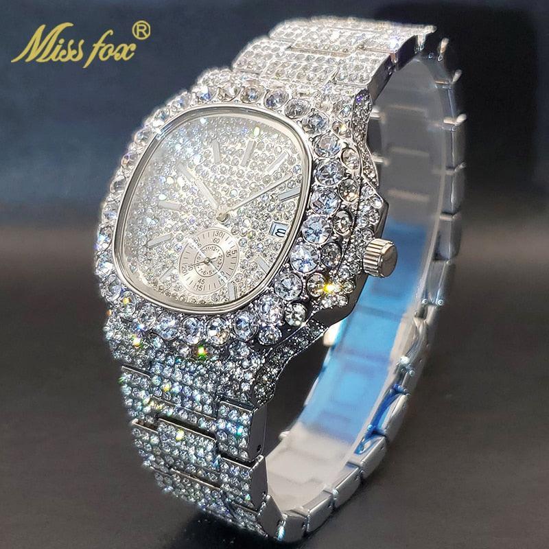 Outstanding Simulated Diamonds Iced Out Hip Hop Stylish Quartz Double Dial Heavy Gold Colour Watch For Men - The Jewellery Supermarket