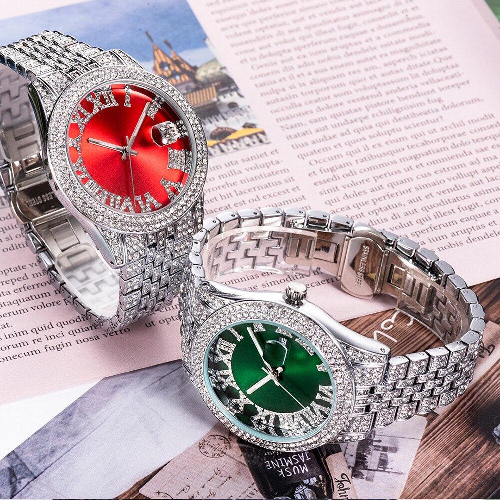 NEW Elegant Stylish Iced Out Simulated Diamond Top Brand Date Waterproof Quartz Fashion Watch - The Jewellery Supermarket