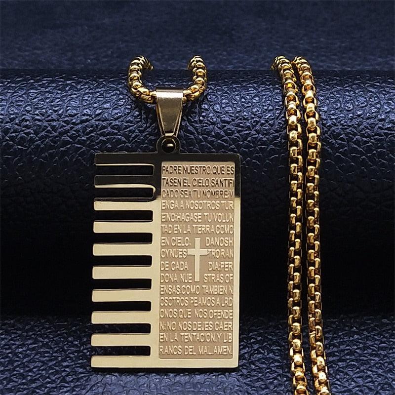 Christian Cross Bible Verse Prayer Necklace - Stainless Steel Portuguese Religious Necklaces - The Jewellery Supermarket