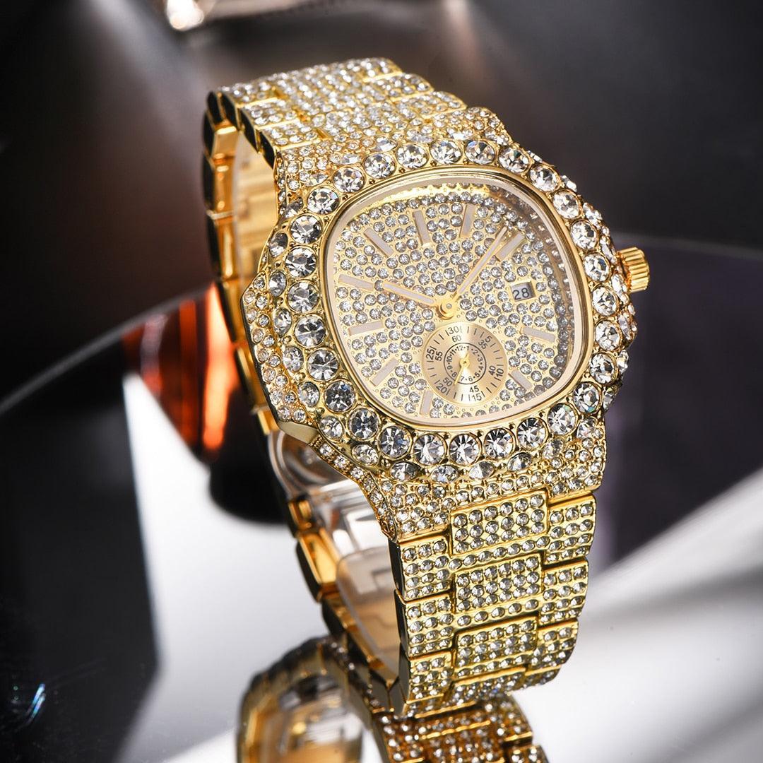 Outstanding Simulated Diamonds Iced Out Hip Hop Stylish Quartz Double Dial Heavy Gold Colour Watch For Men - The Jewellery Supermarket