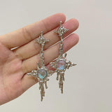 Irregular Liquid Metal Cross Moonstone Dangle Earrings - Trend Metal Cross Moonstone Drops Christian Earrings