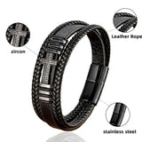 Classic Jesus Cross Charm Cubic Zirconia Black Woven Leather Rope Chain Bracelets For Men Women - The Jewellery Supermarket