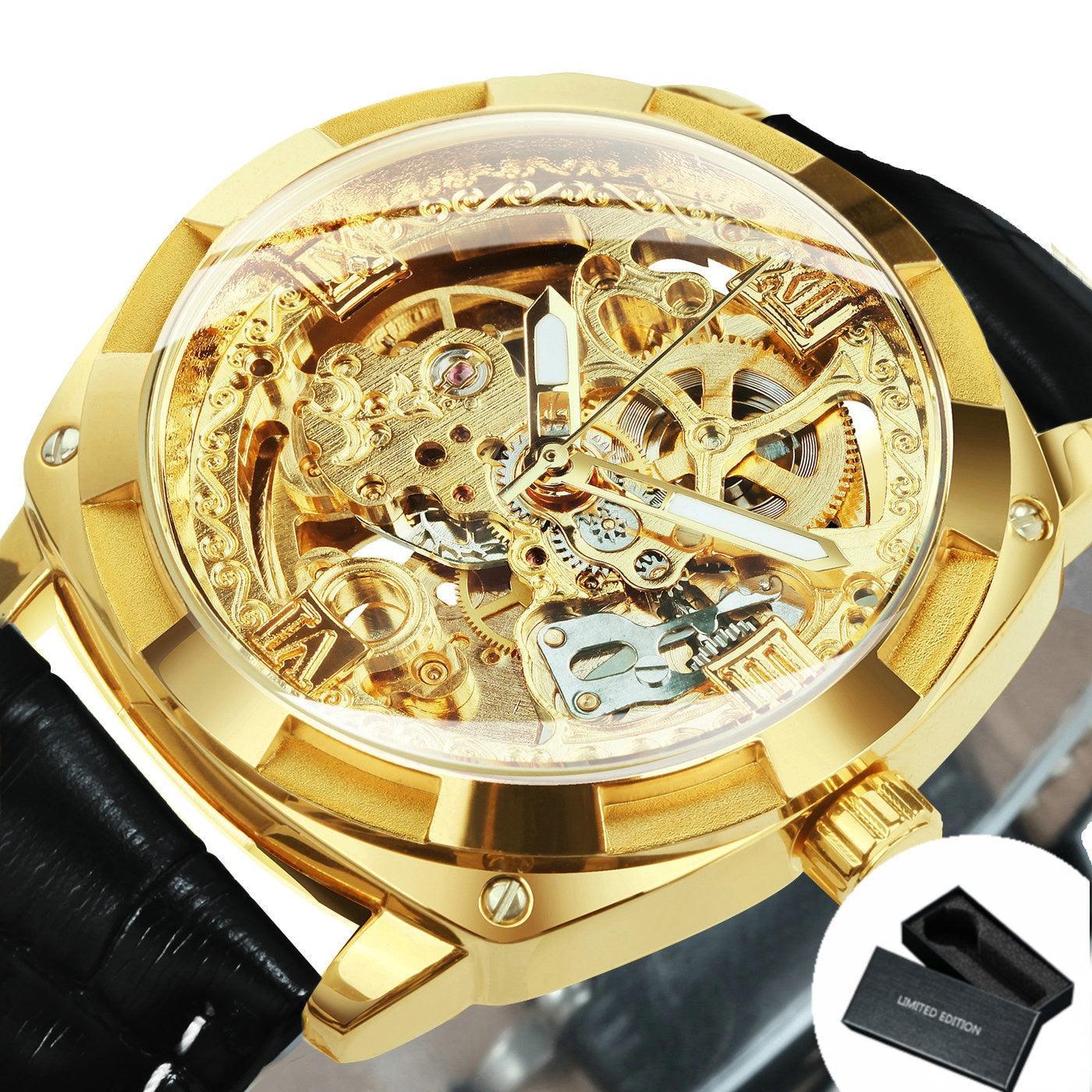 BEST GIFTS Luxury Mens Transparent Skeleton Mechanical Automatic Engraving Relogio Masculino Watch - The Jewellery Supermarket