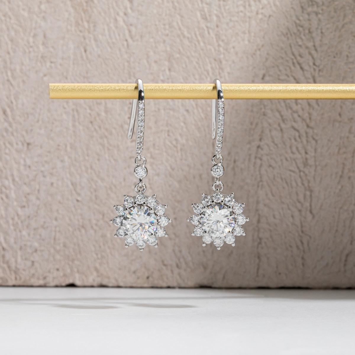 1 Carat Sunflower D Color ♥︎ High Quality Moissanite Diamonds ♥︎ Flower Drop Hook Earrings - Fine Jewellery - The Jewellery Supermarket
