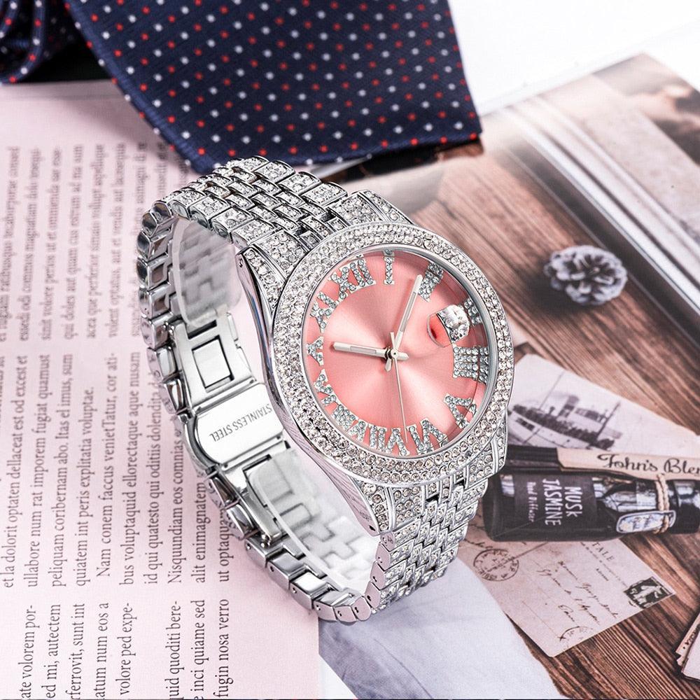 NEW Elegant Stylish Iced Out Simulated Diamond Top Brand Date Waterproof Quartz Fashion Watch - The Jewellery Supermarket