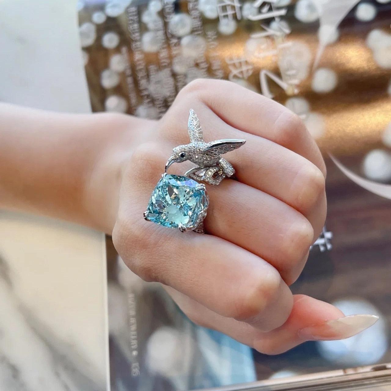 Brilliant New Luxury Sea Blue AAA+ Quality Cz Diamonds Seagull Design Ring - The Jewellery Supermarket