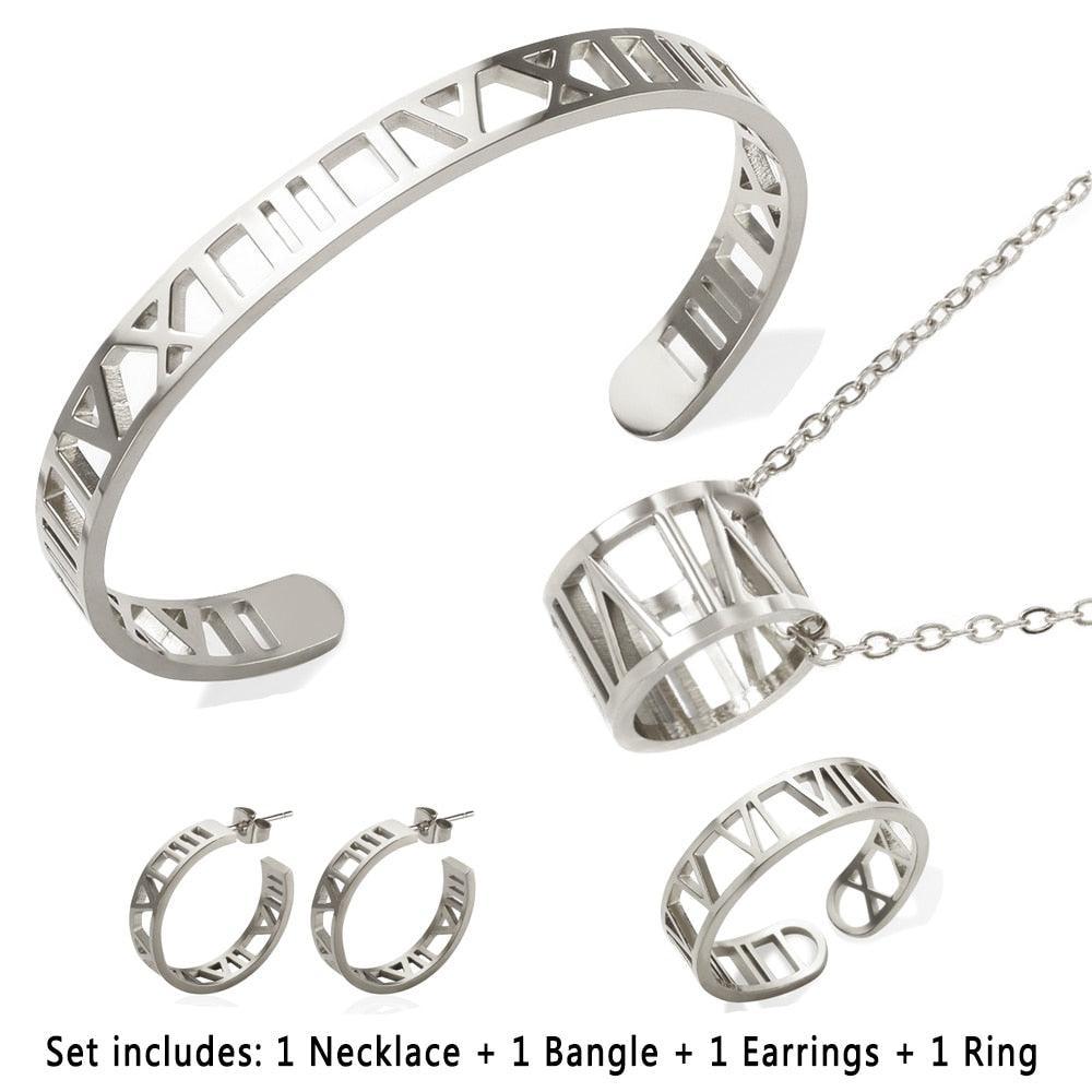 BEST SELLER New Design Hollow Roman Numerals Stainless Steel Jewellery Set for Women  - Fashion Jewellery - The Jewellery Supermarket