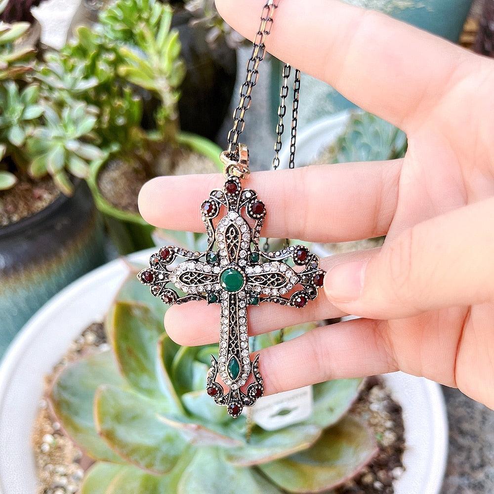 Antique Gold Color  Christian Pendant Necklace - Religious Jewelry Flower Cross Necklace For Women - The Jewellery Supermarket