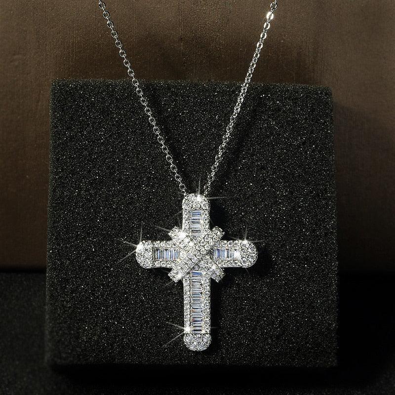Charming Silver Colour Luxury Women White Crystal Pendant Necklace - Cute Cross Religious Necklace - The Jewellery Supermarket