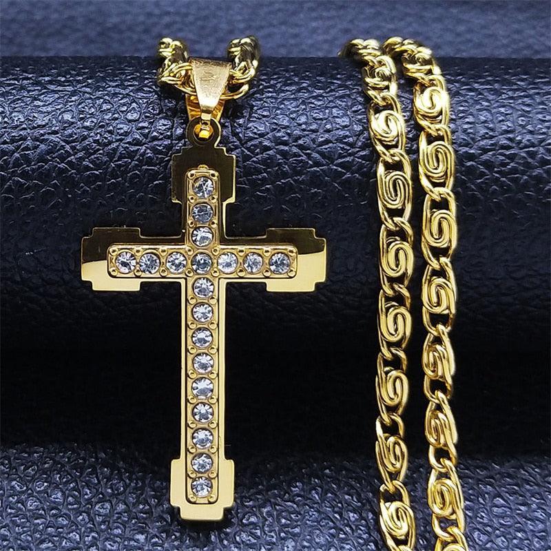 Attractive Catholic Cross Amulet CZ Crystal Gold Color Stainless Steel Pendant Chain Necklace - Christian Jewellery - The Jewellery Supermarket