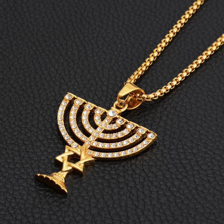 NEW Israel Menorah Happy Hanukkah Golden Stainless Steel Star Of David Pendant - The Jewellery Supermarket