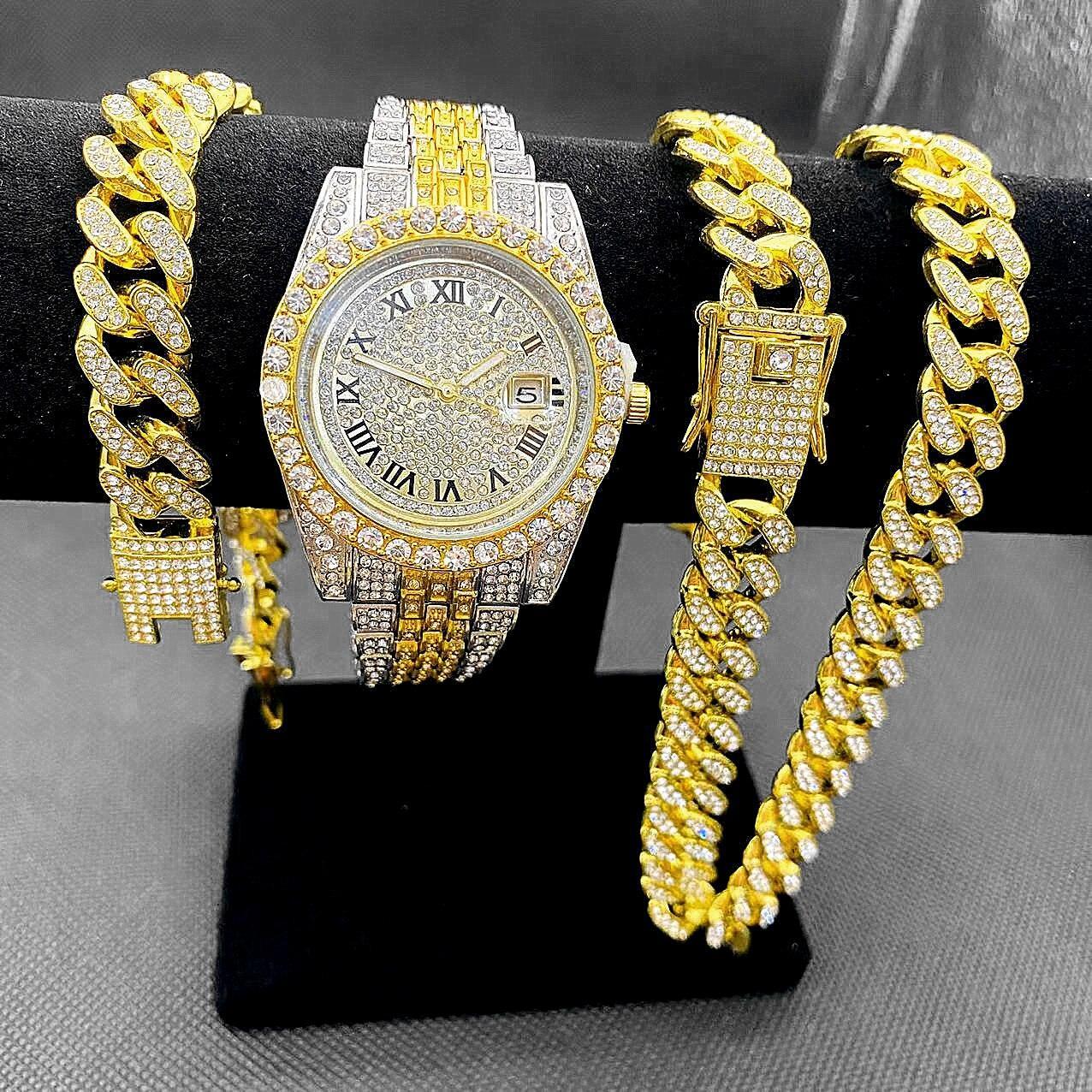 Full Iced Out Cuban Link Chain Bracelet Necklace Bling Jewellery for Men - Big Gold Colur Chains Hip Hop Watch Set - The Jewellery Supermarket