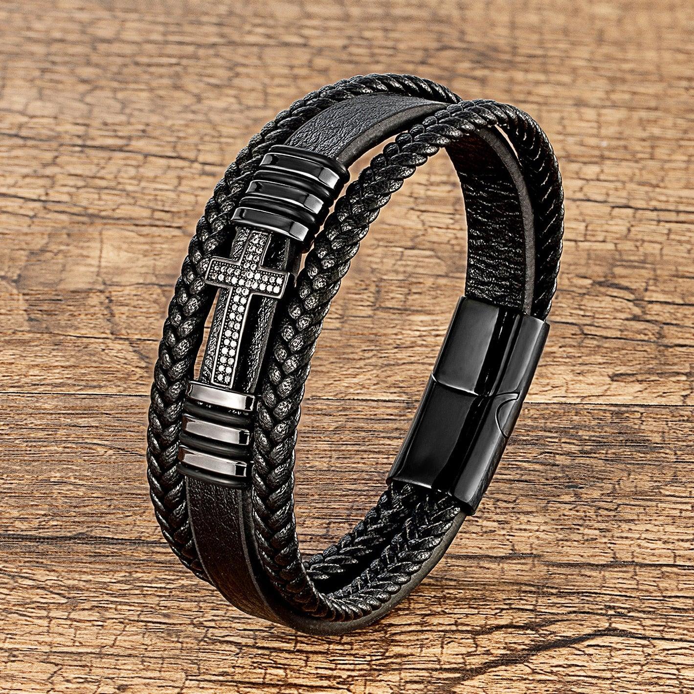 Classic Jesus Cross Charm Cubic Zirconia Black Woven Leather Rope Chain Bracelets For Men Women - The Jewellery Supermarket