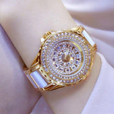 Full Simulated Diamonds Gold Colour Bracelet Ceramic Strap Waterproof Quartz Luxury Brand Women Watches - The Jewellery Supermarket