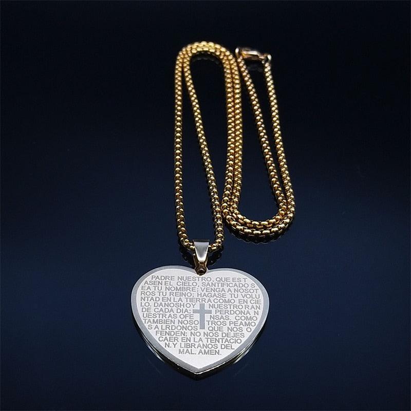 Bible Verse Projection Cross Necklace Stainless Steel Spanish Lord's Prayer Religious Chain Necklaces - The Jewellery Supermarket