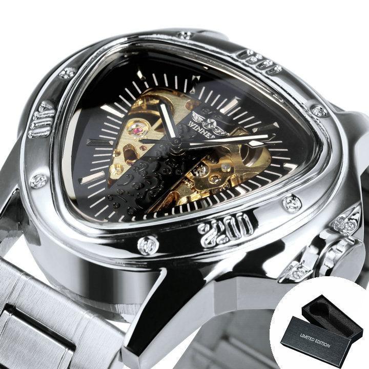 NEW - Men Golden Triangle Skeleton Mechanical Automatic Sport Watch - The Jewellery Supermarket