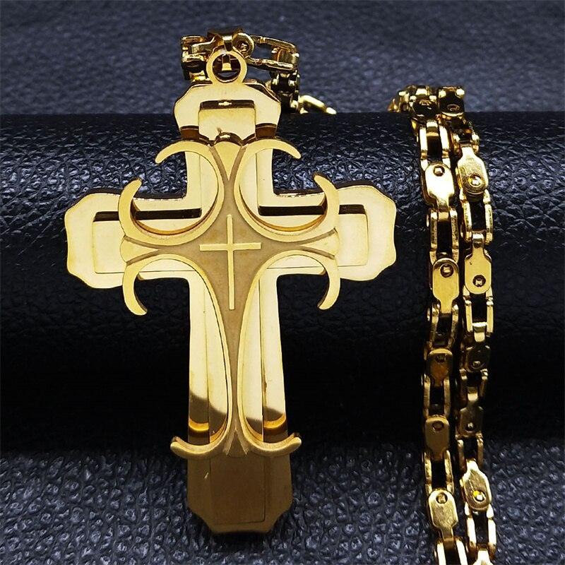 Glorious Stainless Steel Gold Colour Christ God Chain Big Cross Necklace - Christian Jewellery - The Jewellery Supermarket