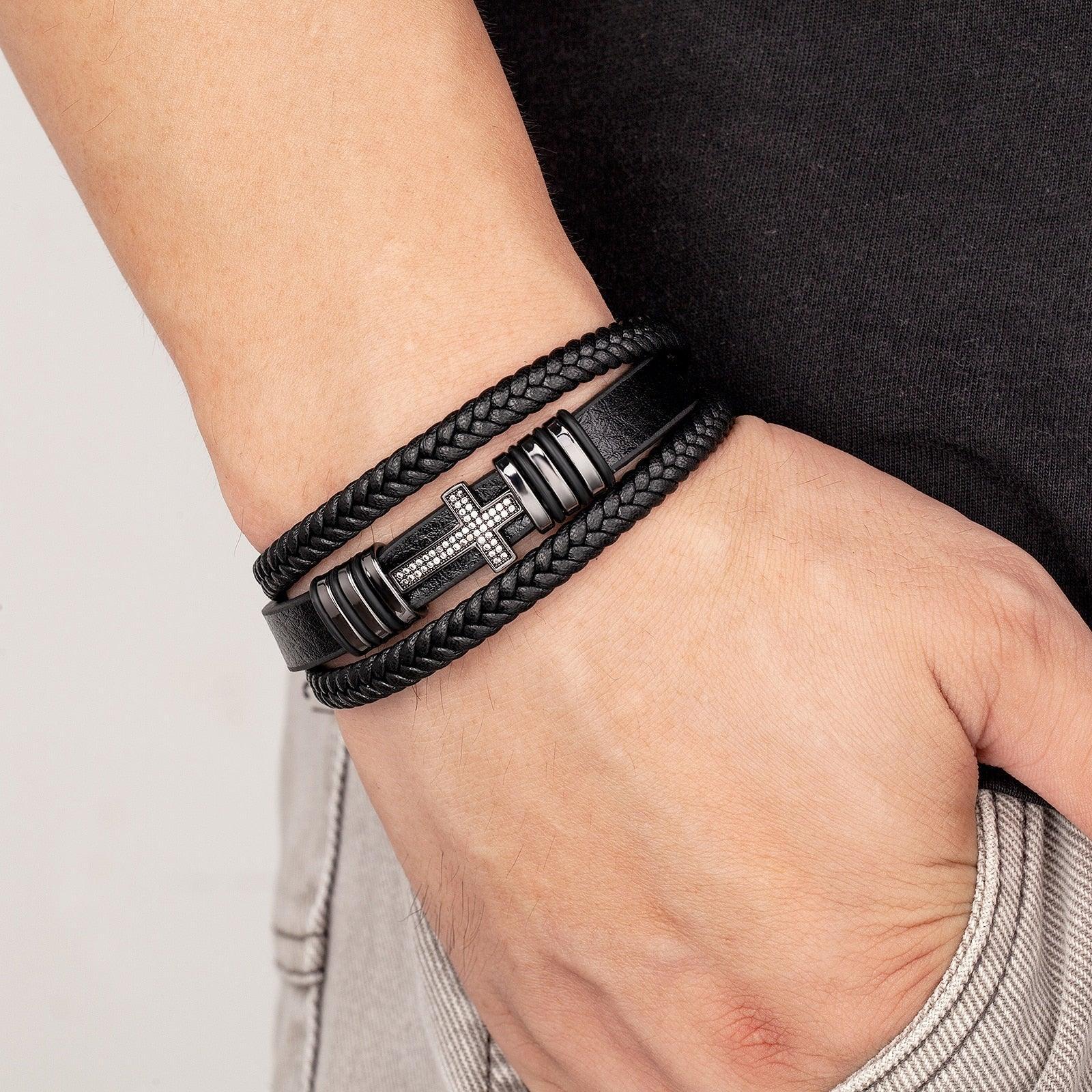 Classic Jesus Cross Charm Cubic Zirconia Black Woven Leather Rope Chain Bracelets For Men Women - The Jewellery Supermarket